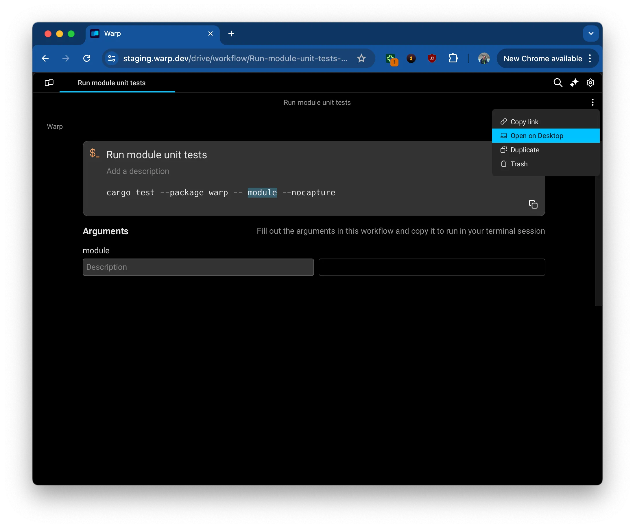 Overflow menu on a web-based Drive object with the Open on Desktop option highlighted